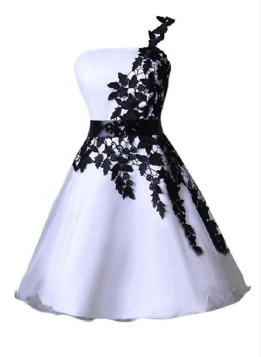One Shoulder Up White Lace Satin A Line Delilah Homecoming Dresses Appliques Flowers
