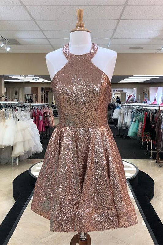 Halter Sequins Sleeveless Backless Pleated Short Sparkle Marin A Line Homecoming Dresses Charming