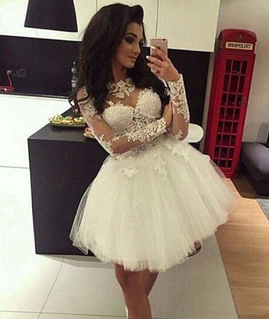 Jewel Long Lace Kaylah Homecoming Dresses A Line Sleeve Appliques Pleated Tulle Sheer Short