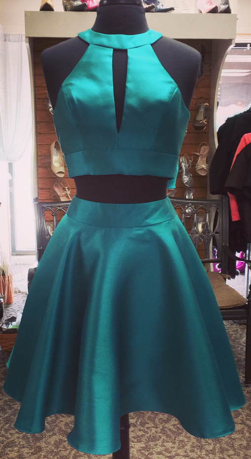 Halter Sleeveless Cut Out Bow Knot Teal Homecoming Dresses Addisyn A Line Satin Two Pieces Pleated