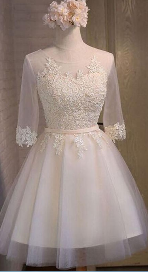 Half Sleeve Sheer Scoop Amaya Homecoming Dresses Lace Ivory A Line Appliques Tulle Cut Out Pleated Up