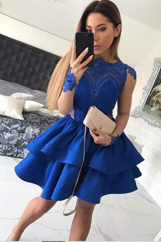 Jewel Long Sleeve Appliques Tiered Lace Royal Blue Melany Satin Homecoming Dresses Short