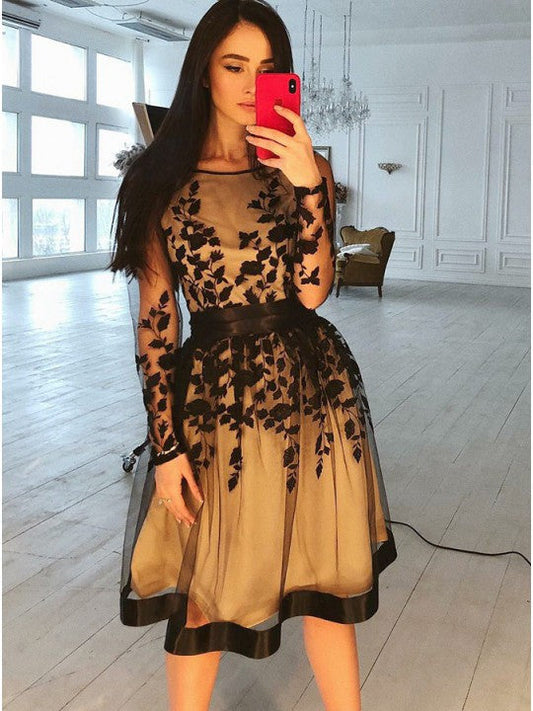 Long Sleeve Homecoming Dresses Lace Ansley Flowers Scoop Sheer Appliques Organza Pleated Knee Length