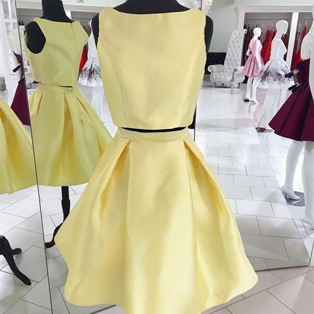 Bateau Sleeveless Alyvia Homecoming Dresses Two Pieces Satin A Line Pleated Simple Light Yellow