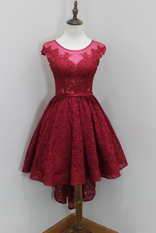 Cap Sleeve Scoop Sheer Pleated A Line Lace Homecoming Dresses Hedda Burgundy High Low Flowers