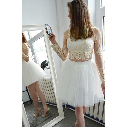 Long Sleeve White Jewel Lace Homecoming Dresses Aliza Appliques Tulle Cut Out Sheer Ball Gown