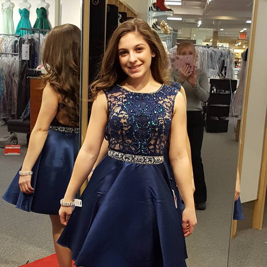 Scoop Sleeveless Rhinestone Backless Dark Kendall Lace Satin Homecoming Dresses A Line Navy