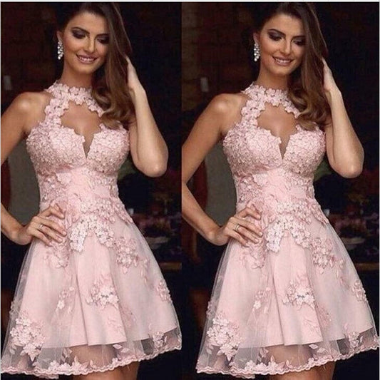 Halter Sleeveless Cut Out Homecoming Dresses A Line Lace Pink Joy Appliques Flowers Pleated