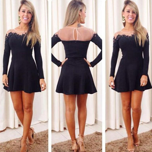 Scoop Long Sleeve Sheer Black Pleated Short Cut A Line Thalia Satin Homecoming Dresses Out Appliques
