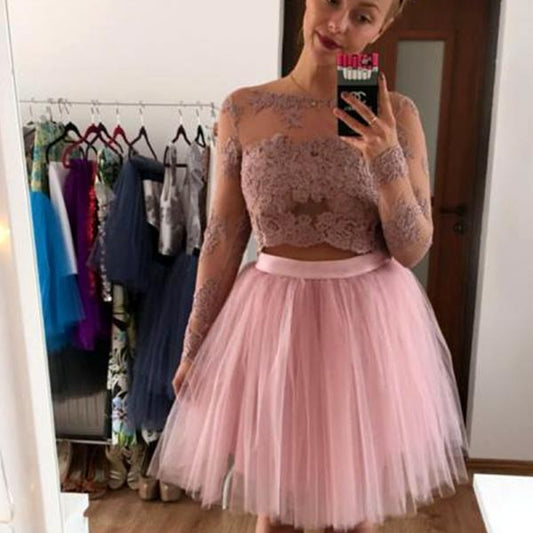 Bateau Veronica Two Pieces Homecoming Dresses Lace Pink A Line Long Sleeve Appliques Tulle Pleated