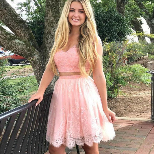 Two Pieces Homecoming Dresses Lace Pink Emilee A Line Cap Sleeve V Neck Pleated Beading Flowers