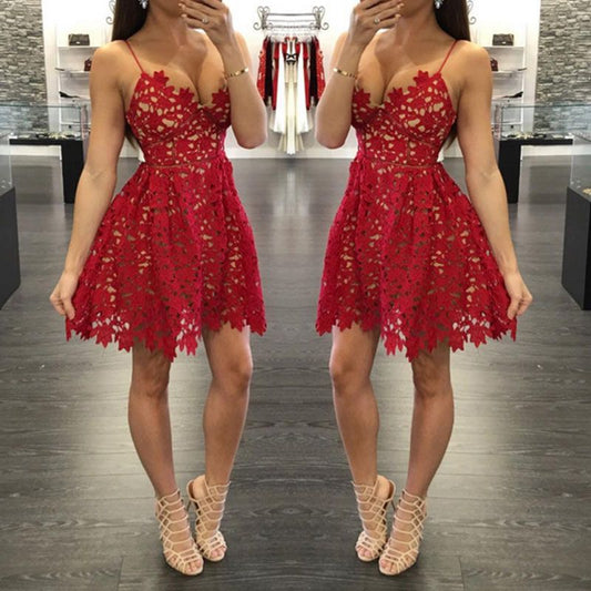 Deep V Neck Mikaela Lace Homecoming Dresses A Line Hollow Spaghetti Straps Red Sexy Pleated