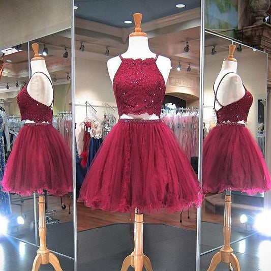 Homecoming Dresses Kaylen Two Pieces A Line Burgundy Beading Halter Criss Cross Backless Organza