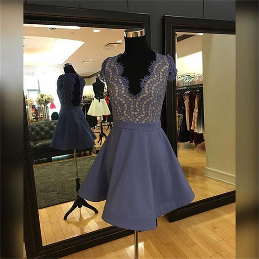 Cap Sleeve Lace Homecoming Dresses Satin Asia A Line Deep V Neck Backless Lavender Pleated