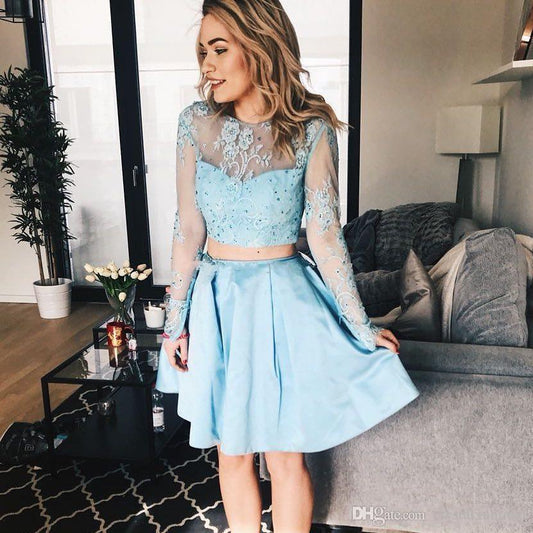 Long Sleeve Jewel Appliques Sheer Light Lace Two Pieces Alyvia Satin A Line Homecoming Dresses Blue