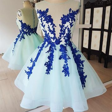 Blue Lace Homecoming Dresses Libby A Line Scoop Sleeveless Sheer Back Appliques Tulle
