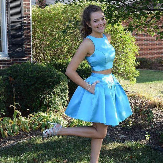 Jewel Sleeveless Blue Alisson Two Pieces Satin A Line Homecoming Dresses Pockets Pleated Short