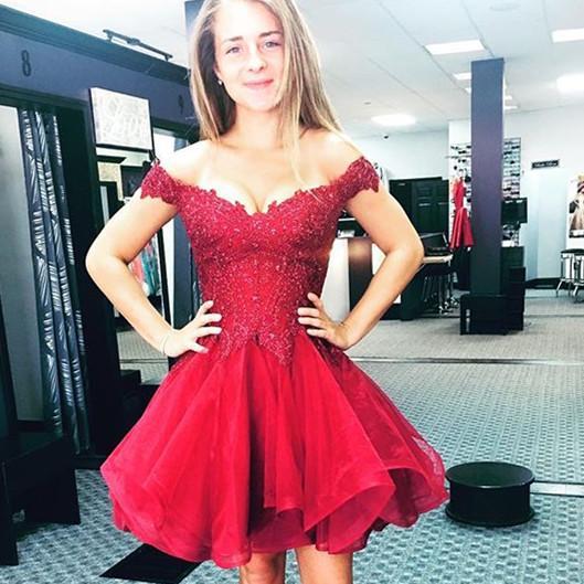 Appliques Off The Shoulder Organza Pleated A Line Homecoming Dresses Paige Lace Burgundy