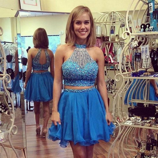 A Line Abigayle Homecoming Dresses Two Pieces Backless Halter Sleeveless Beading Organza Blue