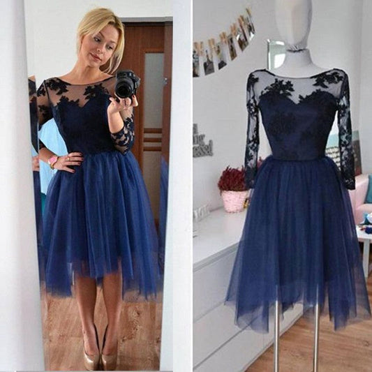 Long Sleeve Scoop Appliques Sheer Pleated Homecoming Dresses Juliet A Line Tulle Flowers