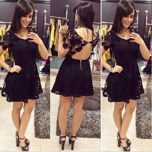 Backless Homecoming Dresses Lace A Line Dominique Scoop Black Short Sleeve Sexy Flowers Pleated