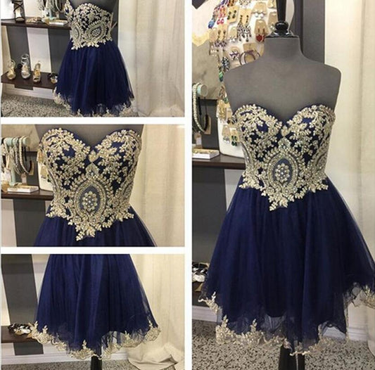 Strapless Sweetheart A Line Jayla Homecoming Dresses Lace Dark Navy Tulle Appliques Exquisite