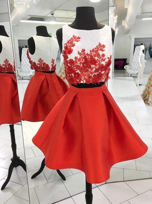 Sleeveless Jewel Pleated Red Satin Two Pieces Jemima Homecoming Dresses Appliques Flowers Short