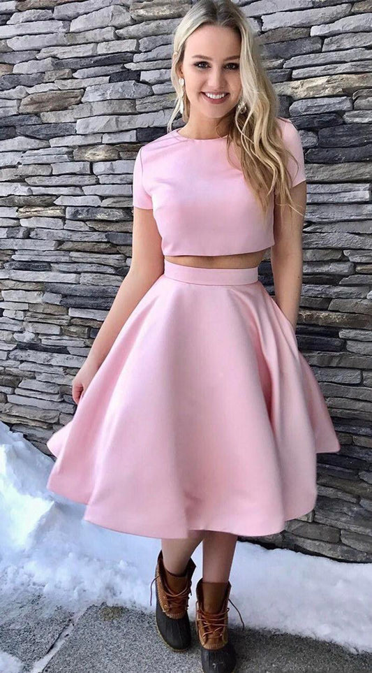Short Sleeve Jewel Aryanna A Line Homecoming Dresses Satin Two Pieces Pink Pleated