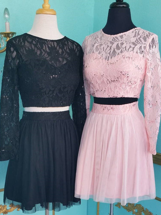 Scoop Homecoming Dresses Two Pieces A Line Lace Nancy Long Sleeve Sheer Tulle Pleated