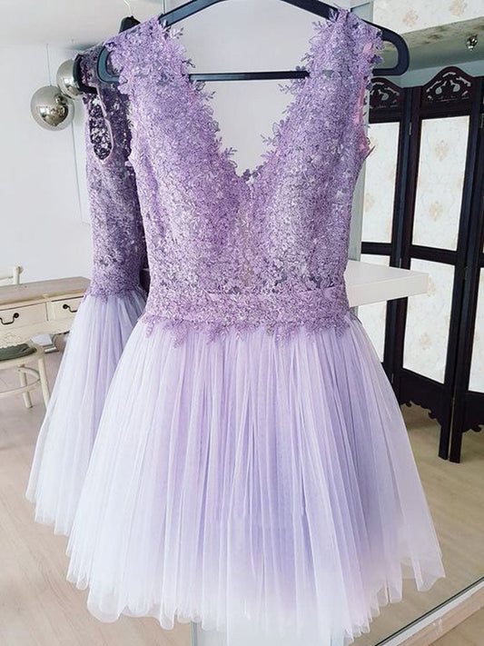Deep V Neck Lavender Tulle Homecoming Dresses A Line Jazmyn Lace Pleated Sleeveless Backless
