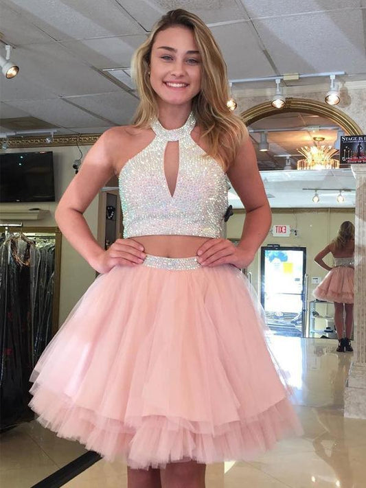 Halter Two Pieces Homecoming Dresses A Line Daniella Pink Sleeveless Cut Out Pleated Tulle Beading