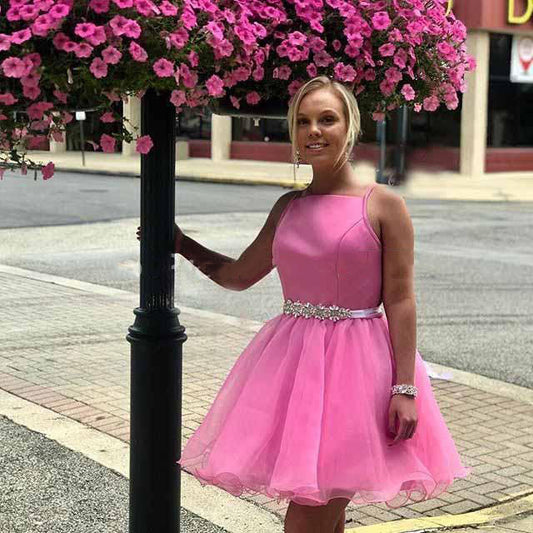 Straps Organza Rhinestone Homecoming Dresses Ann A Line Pink Pleated Short Cute