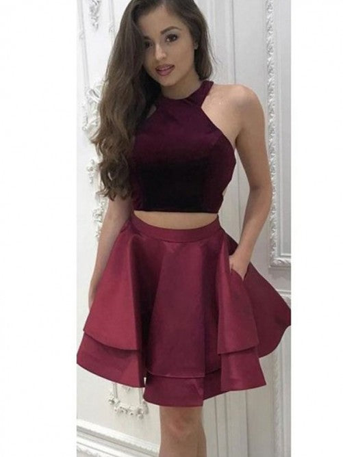 Halter Sleeveless Homecoming Dresses Mackenzie Satin Two Pieces A Line Burgundy Pleated Tiered Short