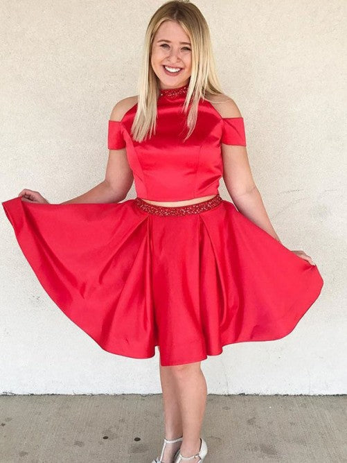 Off The Shoulder Jewel Red Satin Homecoming Dresses Juliana Two Pieces A Line Pleated Beading
