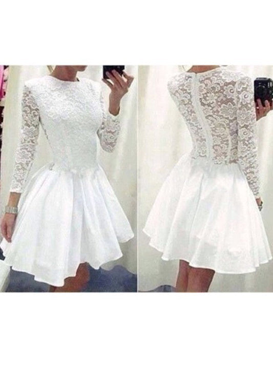 Long Sleeve Jewel White Pleated Homecoming Dresses Martina Lace A Line Satin Appliques