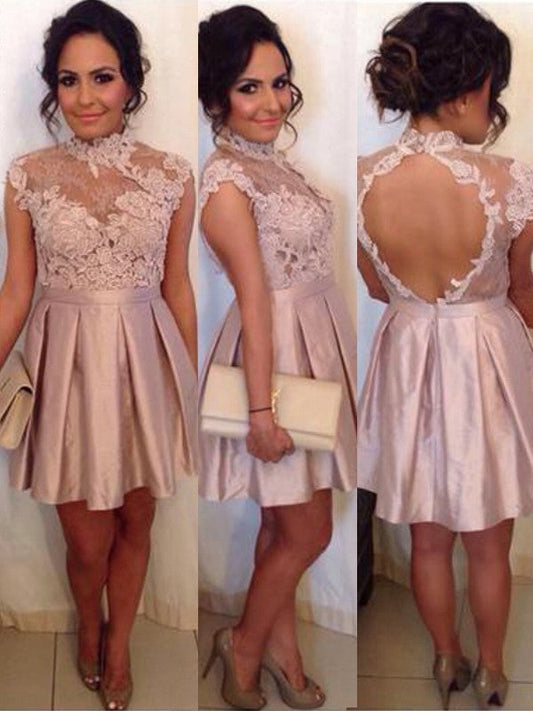 Appliques Sheer High Lyric Satin Lace Homecoming Dresses Neck Backless Cap Sleeve Dusty Rose