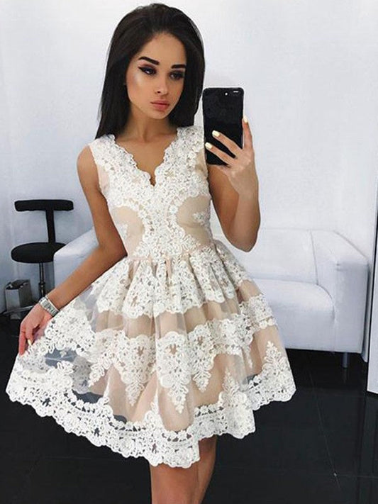 Sleeveless V Neck Flowers Appliques Lace Homecoming Dresses Ivory A Line Marcia Pleated
