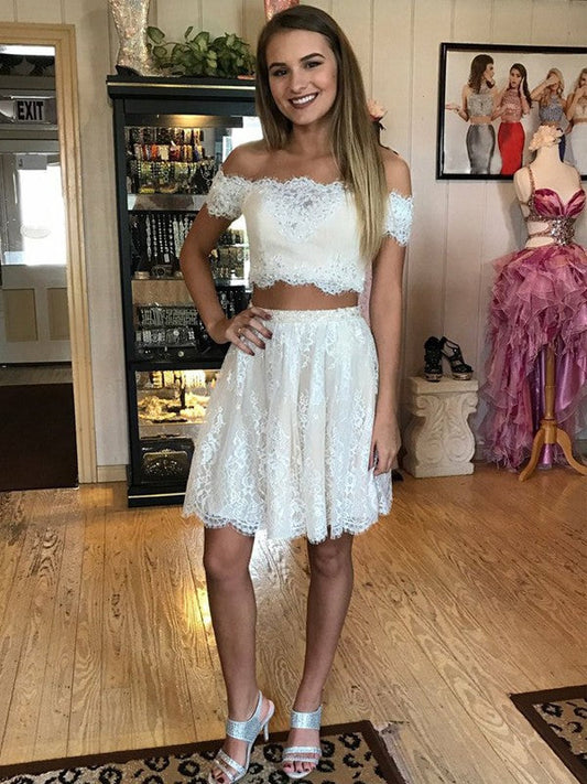 Off The Shoulder Two Pieces Homecoming Dresses Juliet Lace A Line White Appliques Pleated