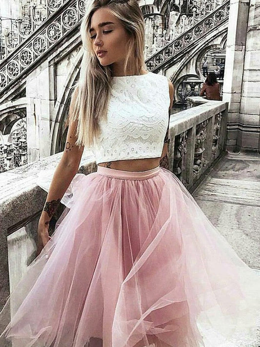 Jewel Sleeveless Appliques Tulle A Line Hazel Pink Two Pieces Lace Homecoming Dresses Pleated