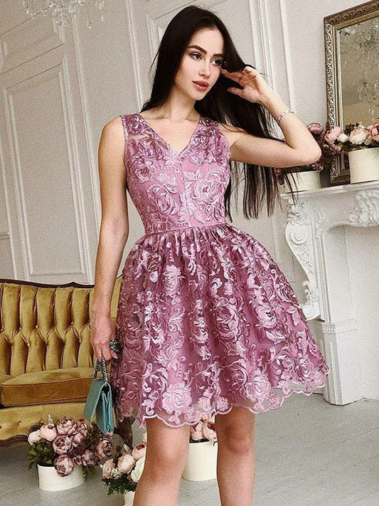 V Neck Alayna Pink Homecoming Dresses Lace Sleeveless Ball Gown Appliques Flowers