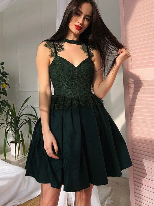 Sleeveless Pleated V Neck Appliques A Line Satin Homecoming Dresses Lace Pauline Dark Green