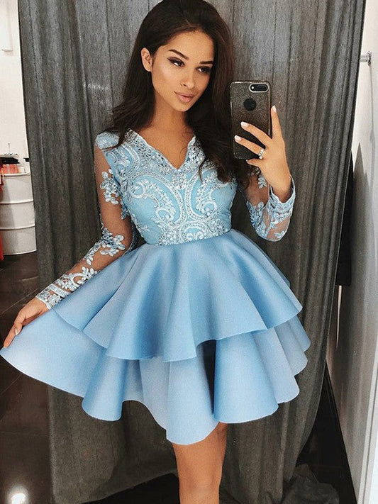 Long Sleeve Sheer V Neck Appliques Ball Satin Homecoming Dresses Anika Gown Tiered Blue