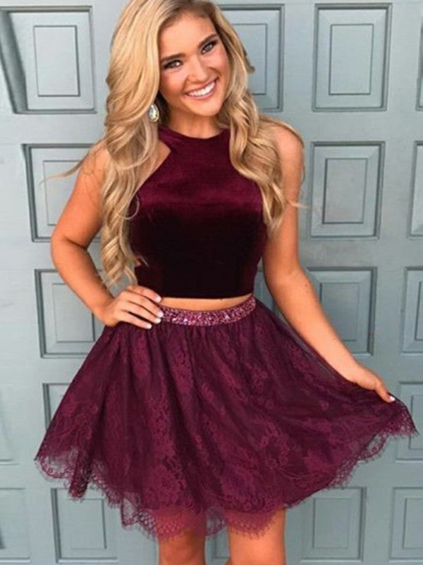 Burgundy Halter Sleeveless A Line Homecoming Dresses Two Pieces Val Lace Flowers Beading