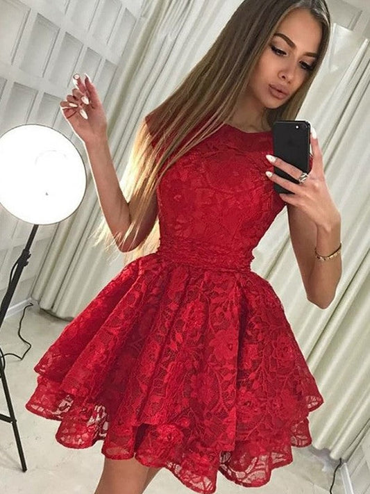Red Pleated Lace Abigayle Homecoming Dresses A Line Appliques Flowers Pleated Tulle Cap Sleeve
