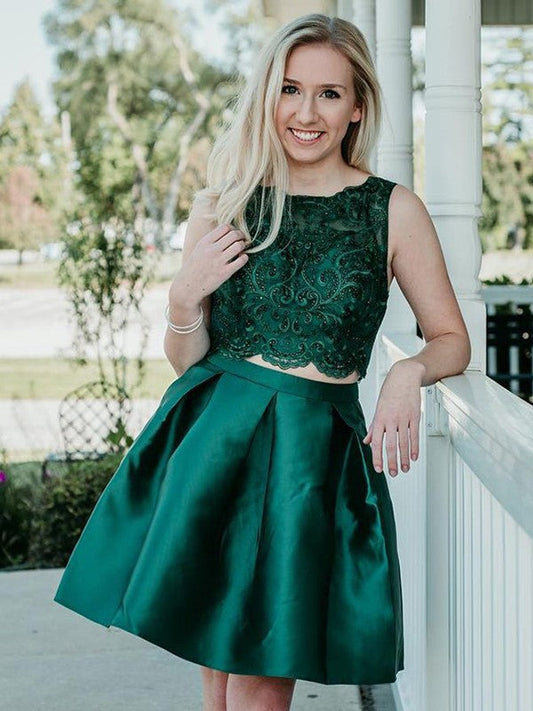 Two Pieces Lace Satin Homecoming Dresses Alyvia Jewel Ball Gown Sleeveless Dark Green Appliques