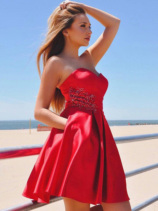Sweetheart Strapless Red Pleated Backless Kaitlyn Homecoming Dresses A Line Satin Short