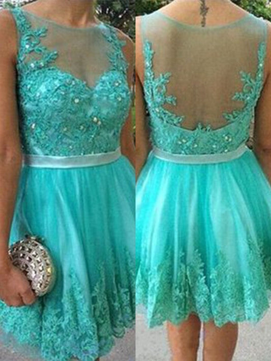 Turquoise Sheer Sleeveless Lace Mandy Homecoming Dresses Jewel Pleated Short Appliques