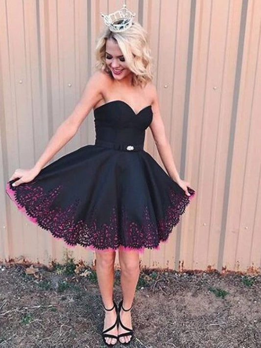 Strapless Sweetheart Black Pleated Above Lace Satin Layla A Line Homecoming Dresses Knee