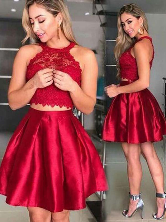 Sleeveless Halter Pleated Short Lace Satin Alexandra Homecoming Dresses Two Pieces A Line Red