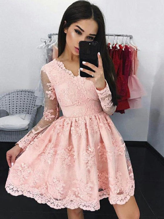 Long Homecoming Dresses Pink Dayana A Line Lace Sleeve V Neck Appliques Sheer Flowers Short